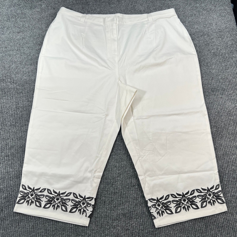 Capri Pants Denim & Co White Black Floral Embroidered Hem Vtg 3X Stretch